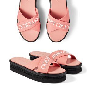 Jimmy Choo Joy Platform Slippers Sz 42 Pink Canvas Cross Straps Logo Webbing